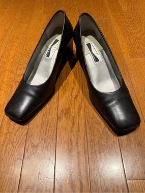 Caressa Black Leather Square-Toe Block-Heel Pumps